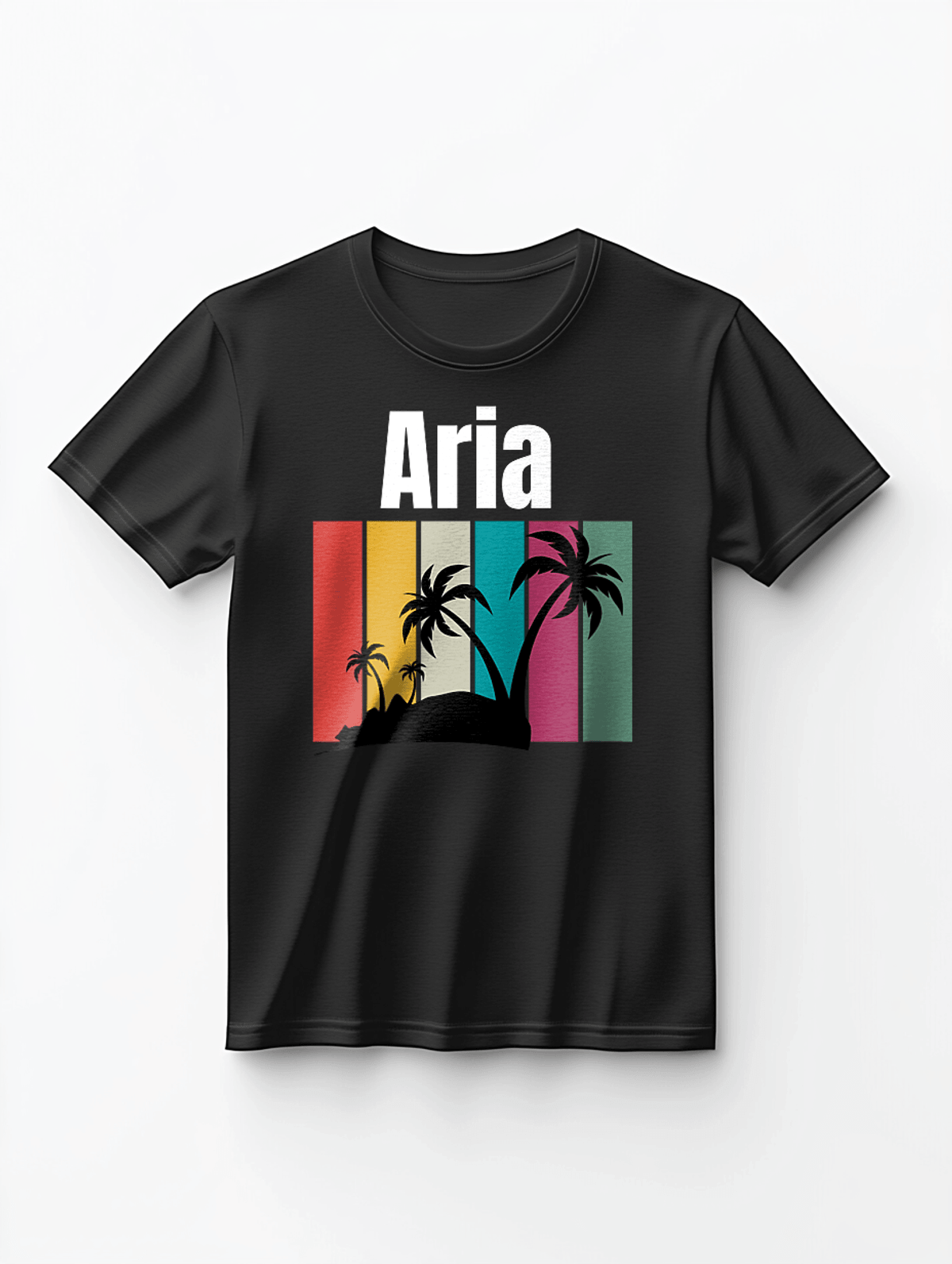 Personalized ARIA's Retro-Inspired Rainbow Stripe Tee with Palm Trees