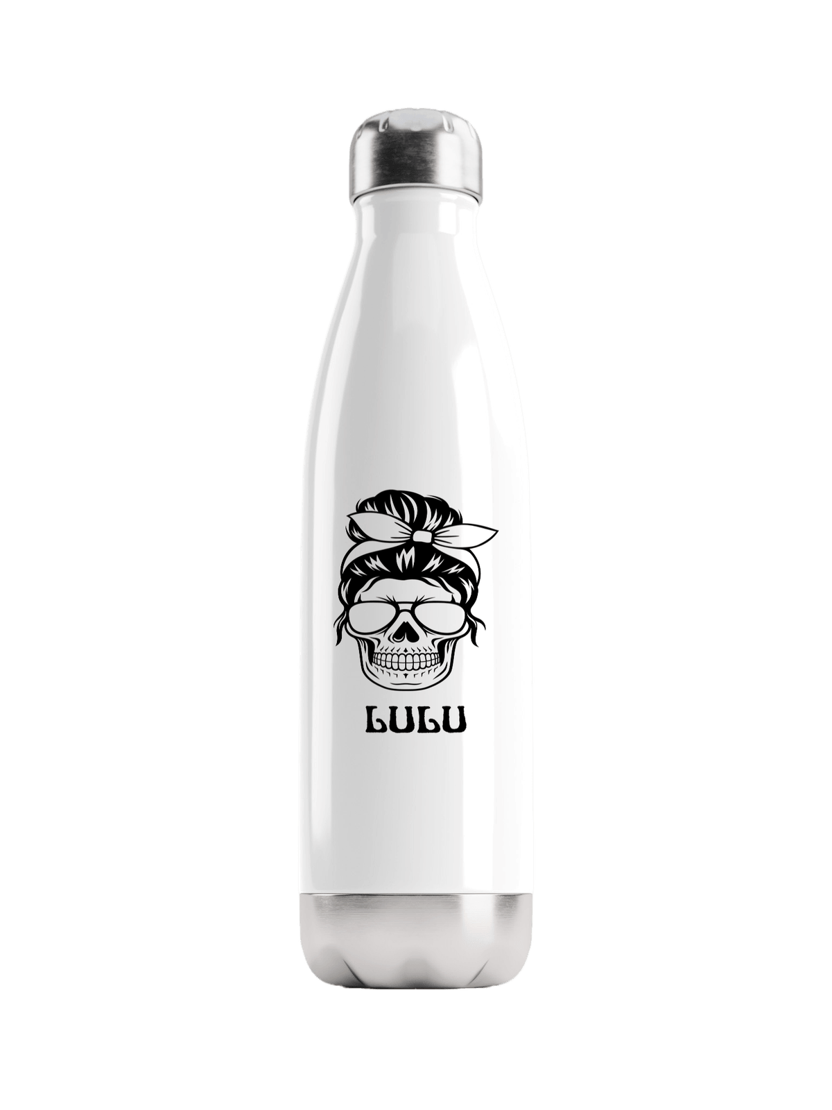 Personalized LULU Water Bottle with Black Skull Illustration