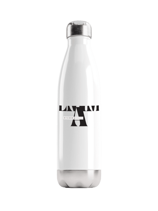 Stylish EMMA Custom Water Bottle - White with Black Print Design