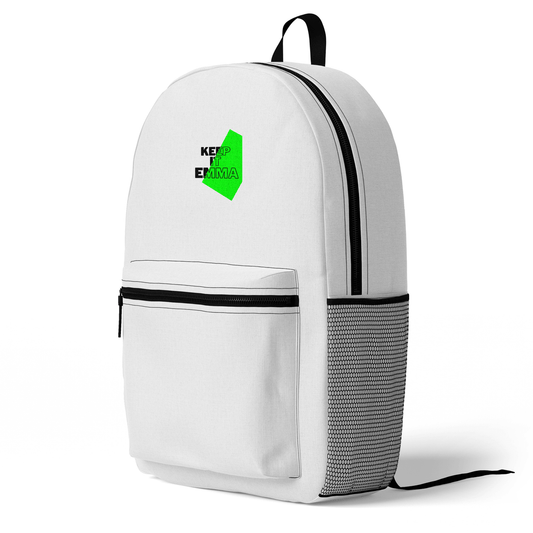 Personalized "KEEP IT EMMA" Bold Statement Backpack in Chic White