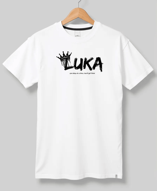 LUKA" Personalized White T-Shirt with Bold Crown Design & Motivation