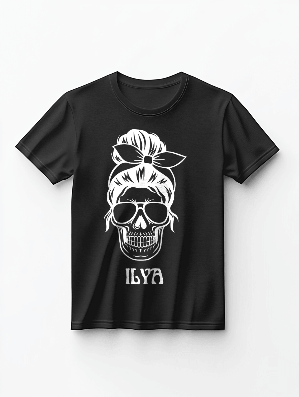 Custom ILYA's Black Skull T-Shirt with Sunglasses & Bow Design