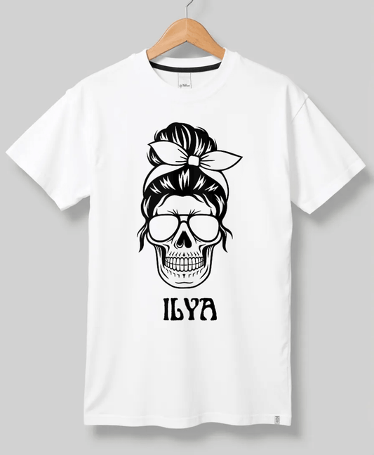 Edgy Personalized ILYA T-Shirt with Striking Skull and Bandana Design