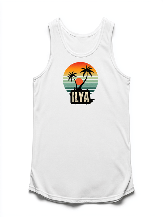 Personalized ILYA Beachy Tank Top with Vibrant Sunset Design