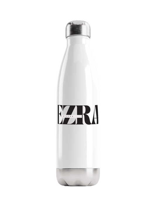 Stylish EZRA Custom Water Bottle - White with Black Print Design