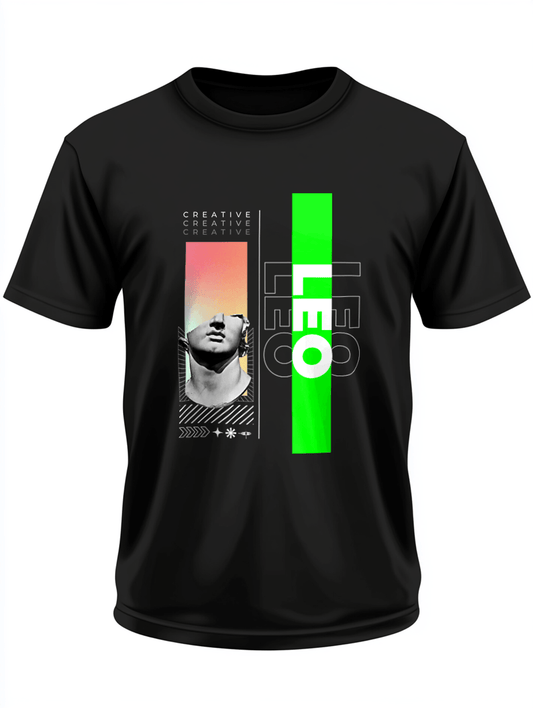 Personalized "LEO" Black T-Shirt with Vibrant Statue Graphic
