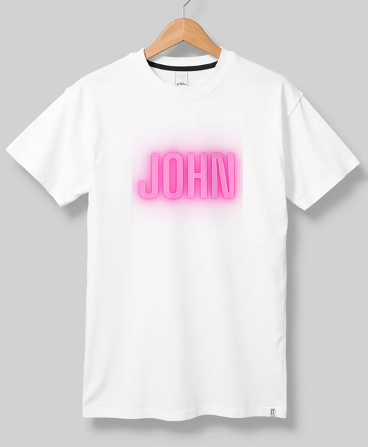 Personalized White T-Shirt with JOHN in Vibrant Pink Design