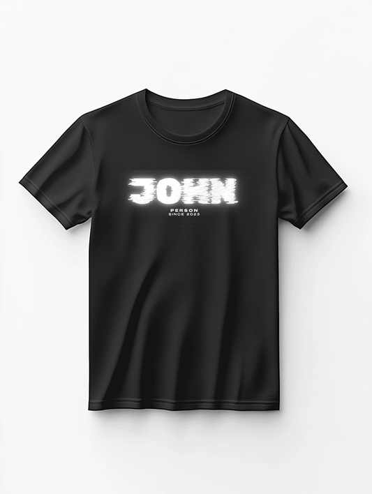 Personalized Black T-shirt with Artful JOHN Design and Inspiring Quote