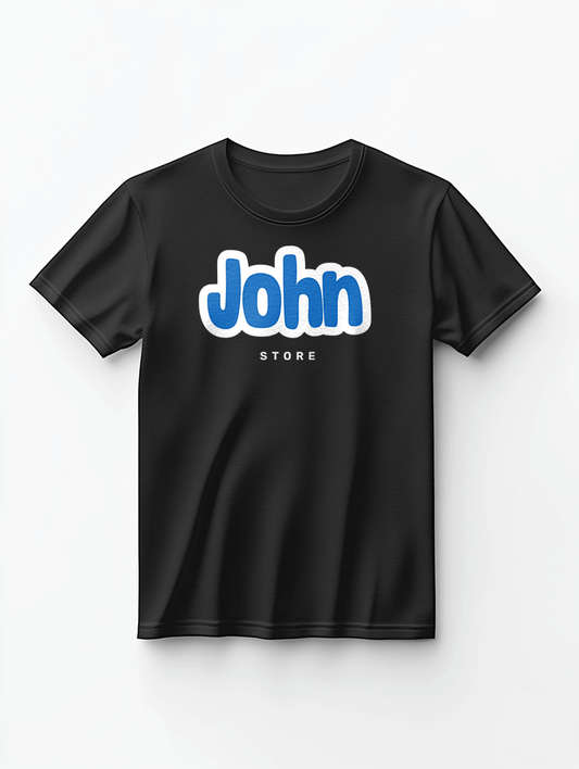 Custom Black T-Shirt with Vibrant JOHN Graphic Design