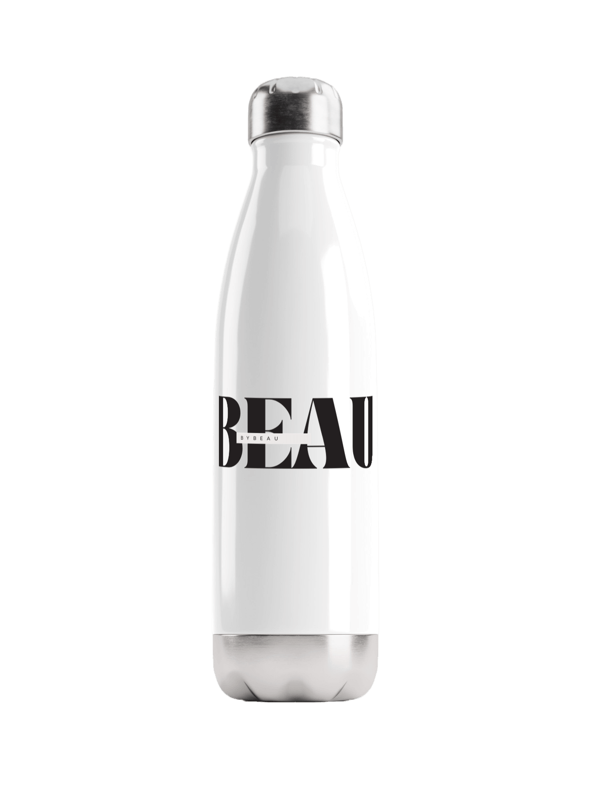Stylish BEAU Custom Water Bottle - White with Black Print Design