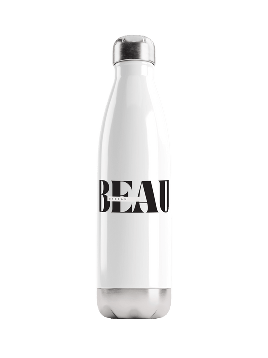 Stylish BEAU Custom Water Bottle - White with Black Print Design