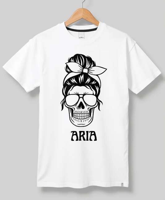 Edgy Personalized ARIA T-Shirt with Striking Skull and Bandana Design