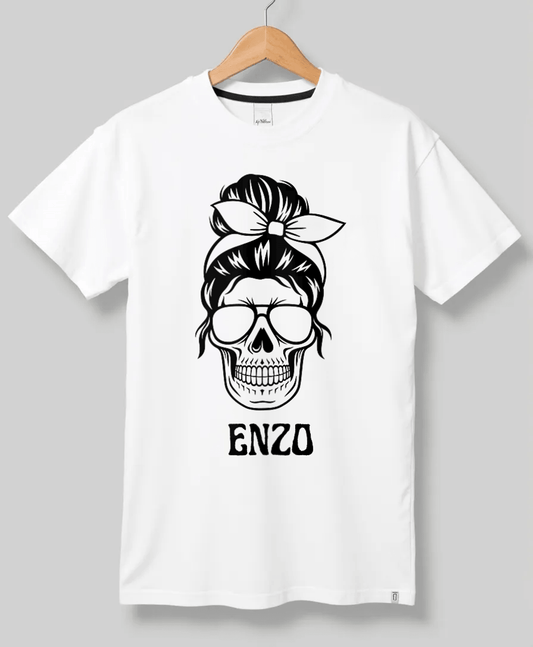 Edgy Personalized ENZO T-Shirt with Striking Skull and Bandana Design