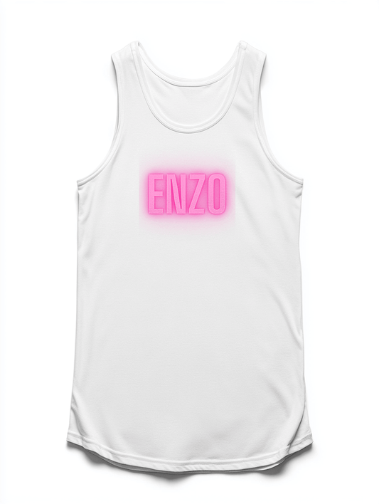 Personalized Stylish Tank Top with Bold ENZO Print in Vibrant Pink.