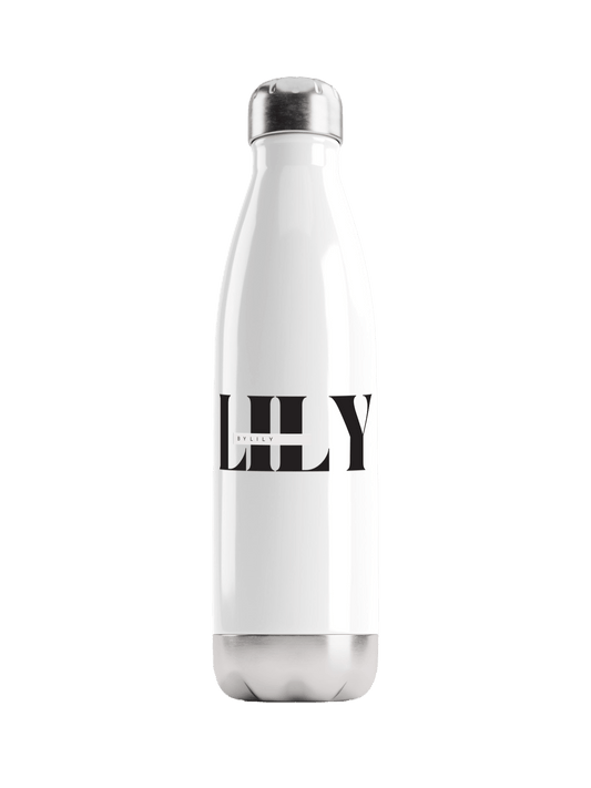 Stylish LILY Custom Water Bottle - White with Black Print Design