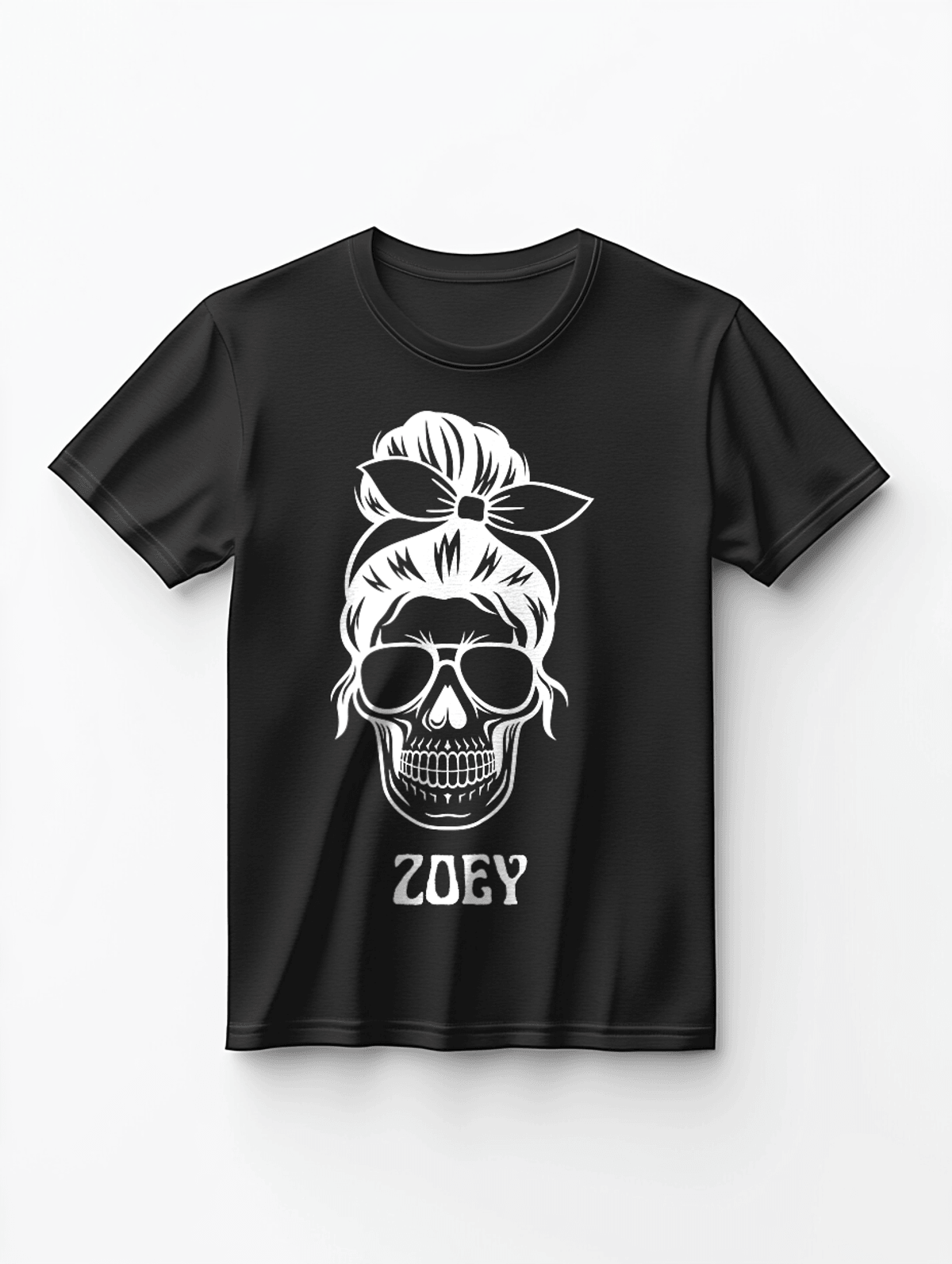 Custom ZOEY's Black Skull T-Shirt with Sunglasses & Bow Design