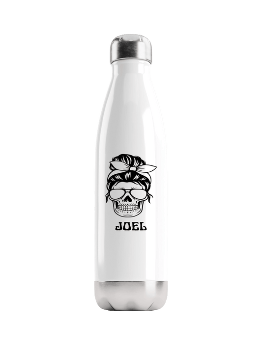 Personalized JOEL Water Bottle with Black Skull Illustration