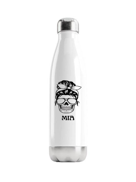 Personalized MIA Water Bottle with Black Skull Illustration
