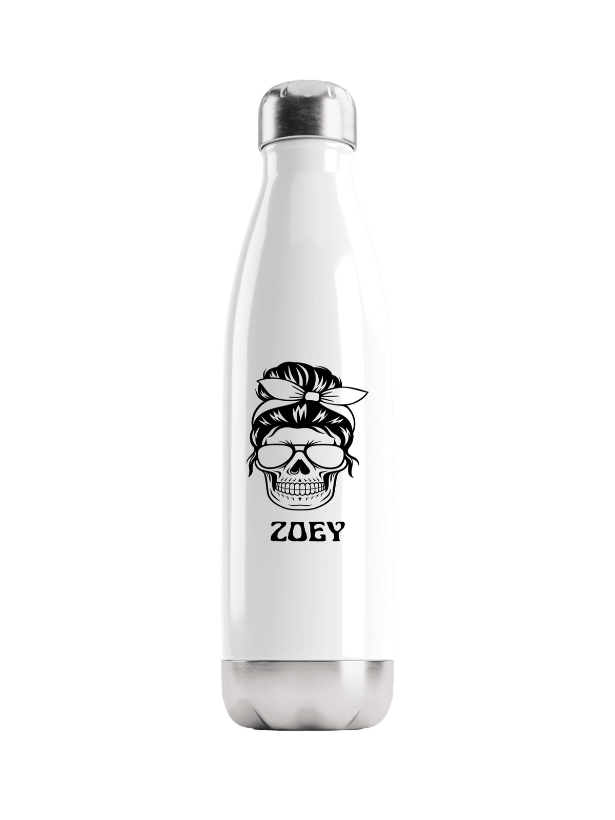 Personalized ZOEY Water Bottle with Black Skull Illustration