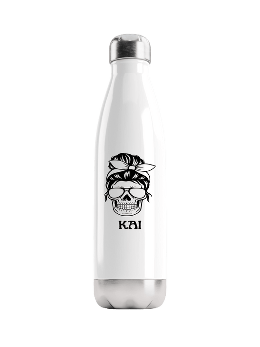 Personalized KAI Water Bottle with Black Skull Illustration