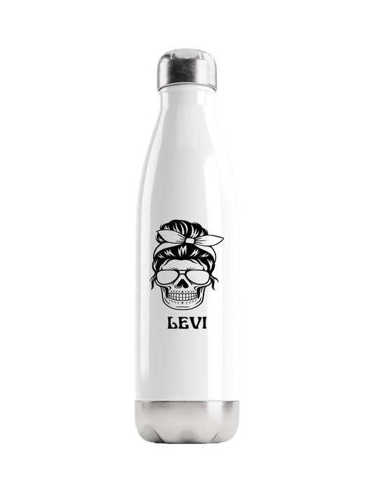 Personalized LEVI Water Bottle with Black Skull Illustration