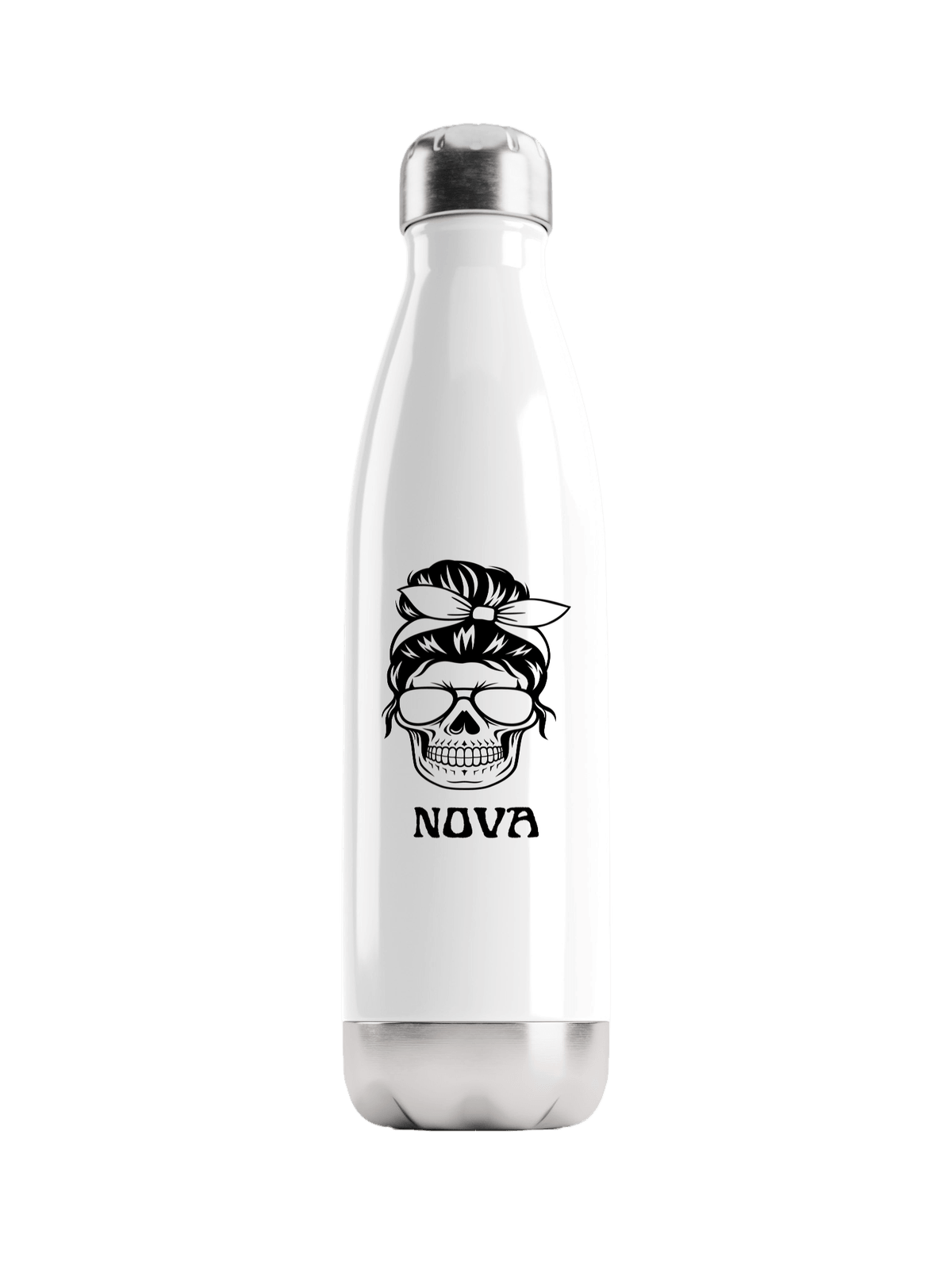Personalized NOVA Water Bottle with Black Skull Illustration