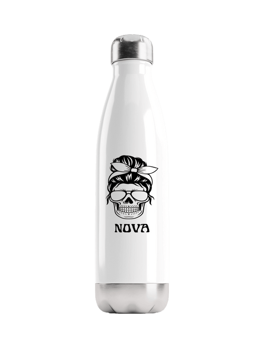 Personalized NOVA Water Bottle with Black Skull Illustration