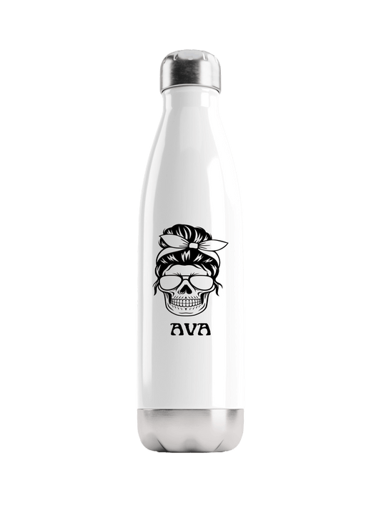 Personalized AVA Water Bottle with Black Skull Illustration