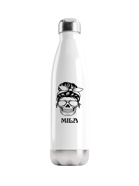 Personalized MILA Water Bottle with Black Skull Illustration