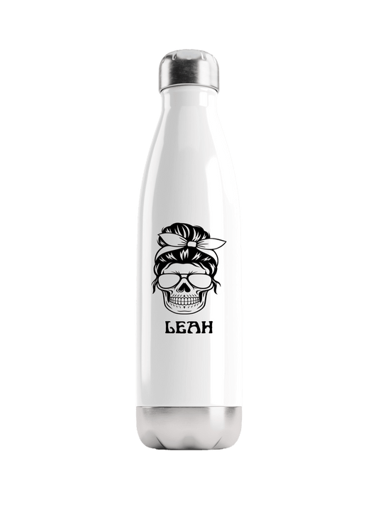 Personalized LEAH Water Bottle with Black Skull Illustration