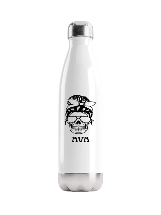 Personalized AVA Water Bottle with Black Skull Illustration