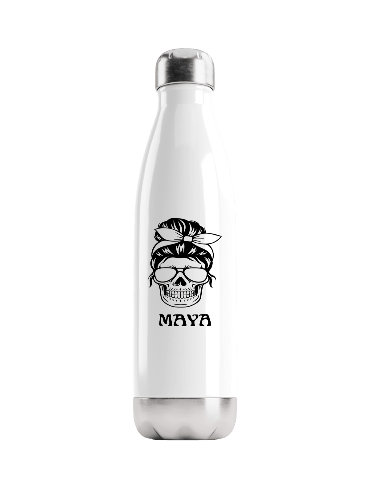 Personalized MAYA Water Bottle with Black Skull Illustration