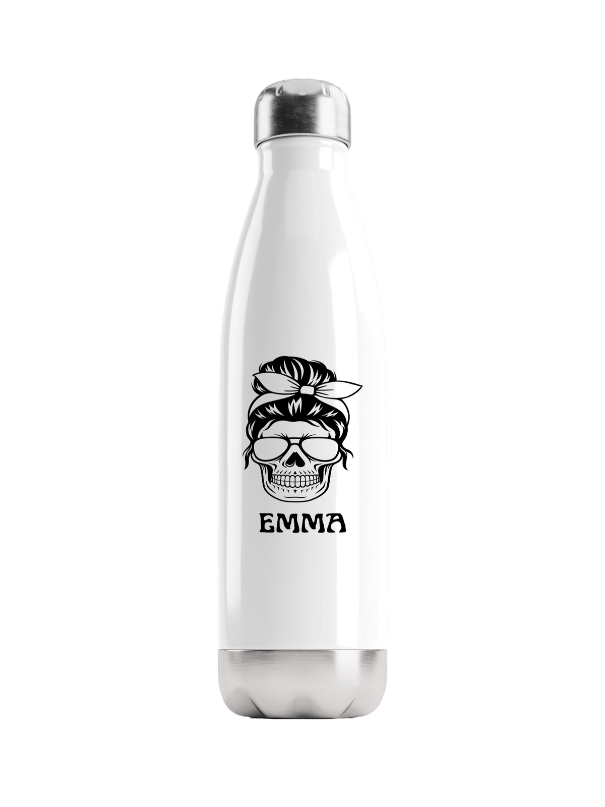 Personalized EMMA Water Bottle with Black Skull Illustration